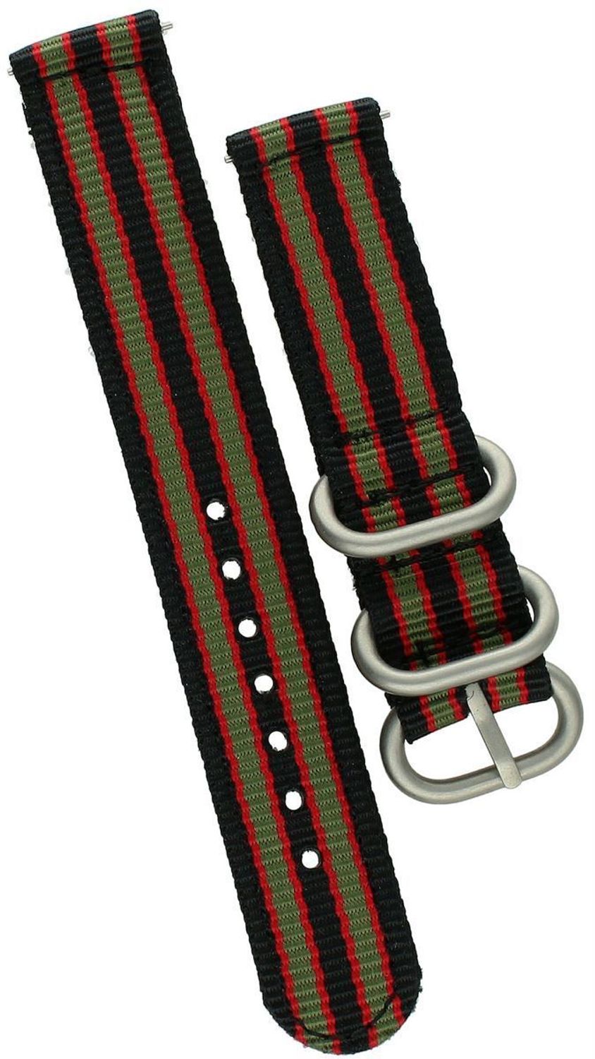 Wytrzymały pasek do zegarka NATO 031, parciany w trzech kolorach czarnym, zielonym i czerwonym. Długość 83123 mm, szerokość mocowania 18 mm, srebnrna sprzączka.1.jpg